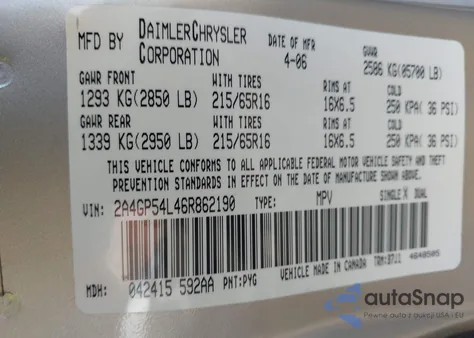 2006 Chrysler Town & Country Touring z USA, uszkodzony, nr VIN 2A4GP54L46R862190